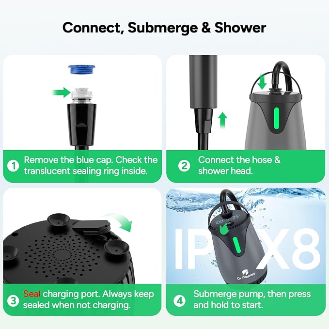 DR.PREPARE Portable Shower, 8000mAh Battery, 180-Min Runtime, 1.59 GPM Strong Flow, 3 Spray Modes, IPX8 Waterproof Camping Shower with LED Display, Portable Shower for Camping, Pets, Beach & Hiking