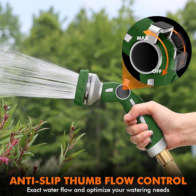 RESTMO Hose Nozzle Heavy Duty, Metal Water Hose Sprayer for Garden | 9 Spray Patterns, High Pressure, Thumb Flow Control, On/Off Valve, Ideal for Outdoor Lawn & Plant, Car & Pet, Green