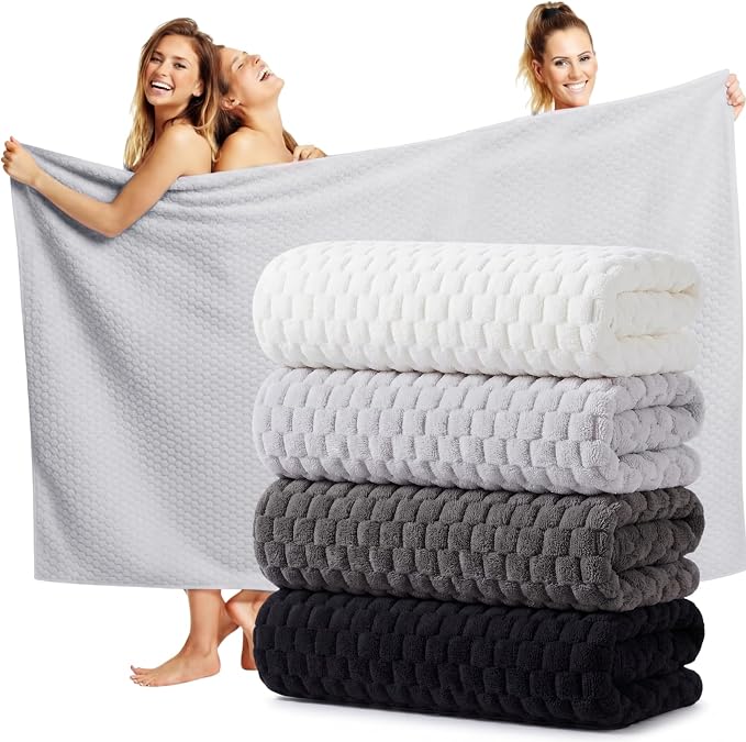 Peryiter 4 Pcs Oversized Bath Towels 40 x 80 Inch Extra Large Bath Sheets for Adults Microfiber Coral Velvet Highly Absorbent Bathroom Towels for Adults Home Beach(White,Light Gray,Dark Gray,Black)