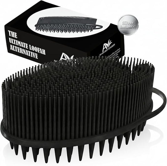 Avilana Silicone Body Scrubber for Shower – SGS Certified Food Grade Dual Sided Bath Brush, Gentle Exfoliating Silicone Loofah Alternative, Sensitive Skin Body Brush (Black-Silver, Scalp)
