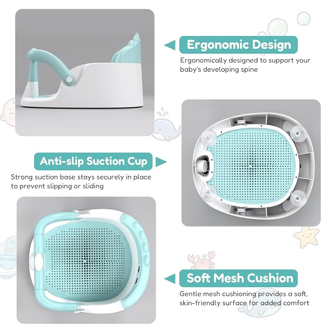 Baby Bath Seat for Babies 6 Months & Up Sitting Up | 360° Stable Toddler Bath Chair with One-Touch Button | Baby Bath Tub Seat with Suction Cups | Open Design, Compact, Detachable, Non-Slip(Green)