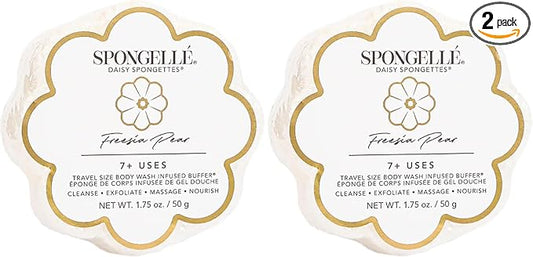 Spongelle Freesia Pear Spongette Loofah Body Scrubber | Bath & Shower Loofah for Women | Body Scrubber Exfoliator with Body Wash Infused Sponge | 5+ uses | Fresh Freesia, Juicy Pear & Musk (Pack of 2)