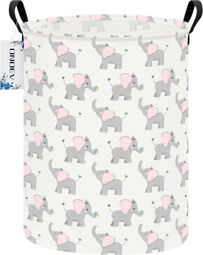 Round Elephant calf Laundry Hamper, Household Storage Bin | waterproof foldable canvas bin with sturdy grip handles, large capacity, tidy organizer for bath linens and kids garments