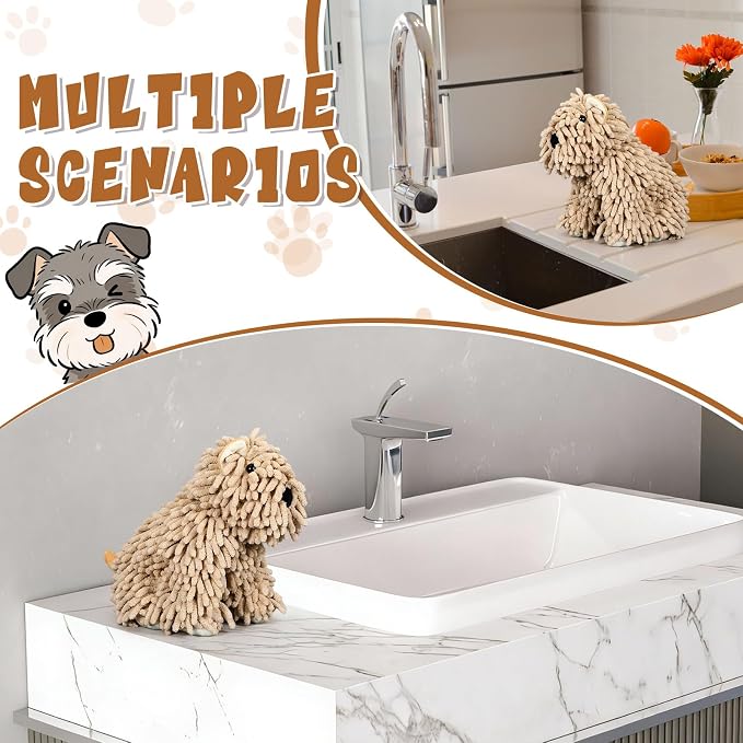 Tegeme 1 Pcs Chenille Dog Hand Towel Fuzzy Towel Absorbent Microfiber Soft for Bathroom Kitchen Washstand (Khaki,Siting Dog)