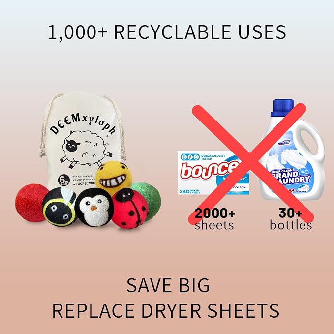 Bumblebee Wool Dryer Balls 6-Pack,Natural Fabric Softener Replacement, Vibrant Multi-Tone Design, Year-Round Static Control - Shorten Dryer Time for Kids' Clothes, Blankets & Delicates