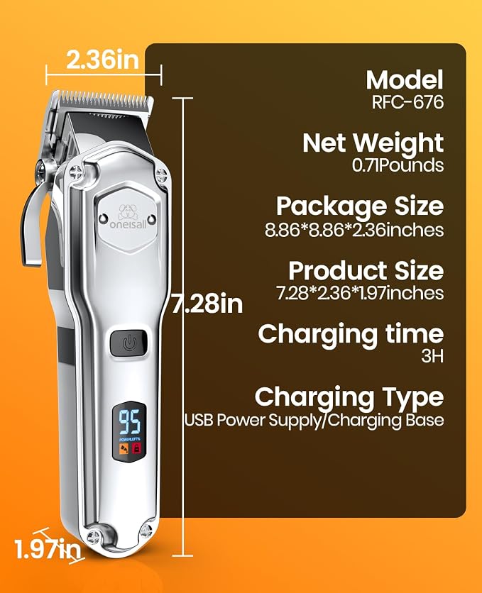 oneisall Professional Dog Grooming Clippers for Thick Hair | 4 Metal Combs,Stainless Steel Blades,Rechargeable Cordless,Low Noise,4H Runtime,IPX7 Waterproof,LED Display,676PRO