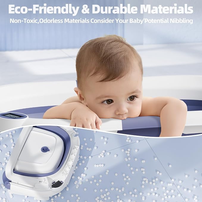 Collapsible Baby Bathtub with Thermometer, 0-36 Months, Blue | Real-time thermometer, quick drain plug, double-fold storage, PP+TPE tub, portable for home and travel