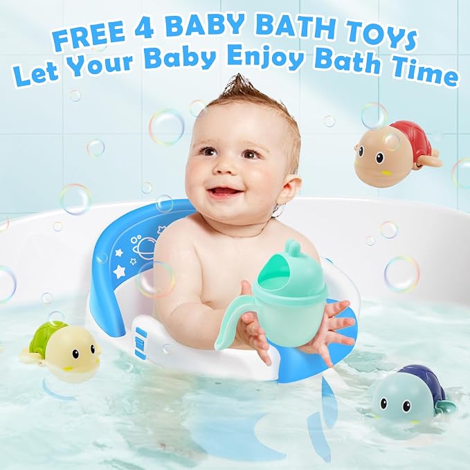 Baby Bath Seat 6M+, Non-Slip Cushion, CPSC Certified, 5-Pc Set, Blue | BPA-free PP+TPR, easy-release handle, ergonomic backrest, lightweight & portable, available in blue