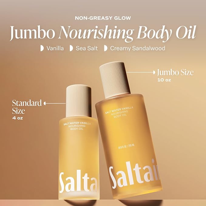 Saltair Body Oil - Jumbo Size Salt Water Vanilla After Shower and Bath Oil for Women and Men. Botanical, Non-Greasy, Well-Absorbing Moisturizer for Hydrating Dry Skin – 10oz Bottle