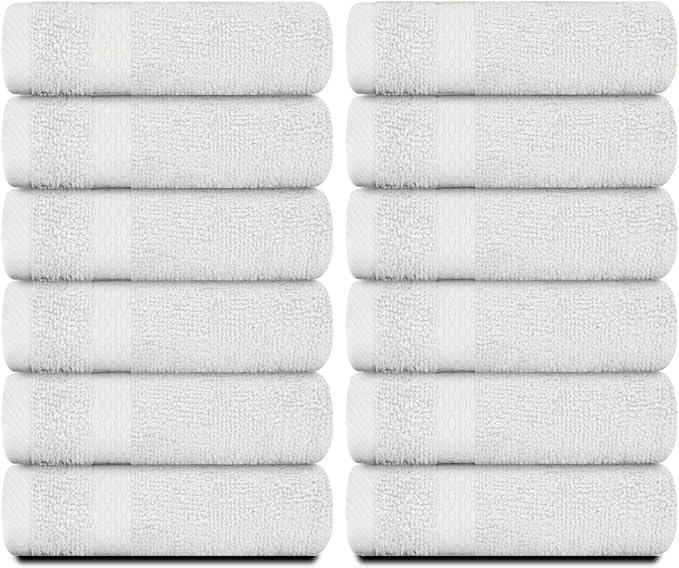 White Classic Luxury Cotton Washcloths 13x13 Inch - 650 GSM Turkish Cotton | Hotel, Spa, Bathroom Face Towel | 12 Pack, Silver