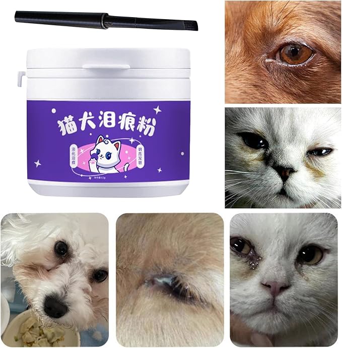 Tear Stain Powder - 60g Formula, Absorbent Care, Gentle Cleaning, Brush Included | Remover for Reducing Eye Marks On Dogs Cats by Absorbing Moisture, Keeping Facial Dry, Neat Appearance, Daily