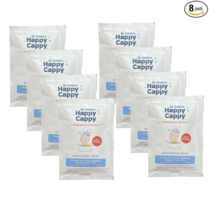Happy Cappy Moisturizing Cream - Baby Cream for Eczema-Prone Skin, Dry Skin Lotion for Infants, Toddlers, & Kids, Pediatrician-Formulated, Sulfate Free - Travel-Size Packets, 1 Fl Oz (Pack of 8)