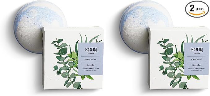 Sprig by Kohler Eucalyptus + Mint Bath Bomb, Natural Botanicals & Premium Skincare Ingredients (Shea Butter, Coconut Oil, & Kaolin Clay) to Cool and Refresh - Breathe (Pack of 2)