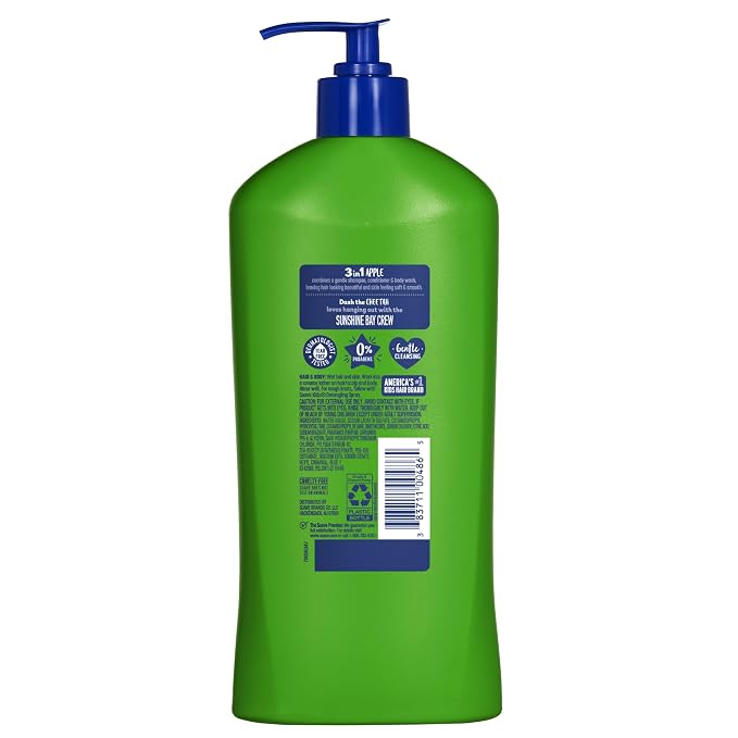 Suave Kids 3 in 1 Shampoo, Conditioner & Body Wash Silly Apple, Gentle Tear-Free Formula for Kids’ Hair & Skin, Juicy, Fun Scent, Dermatologist Tested, 18 FL OZ Pump, 6 Count