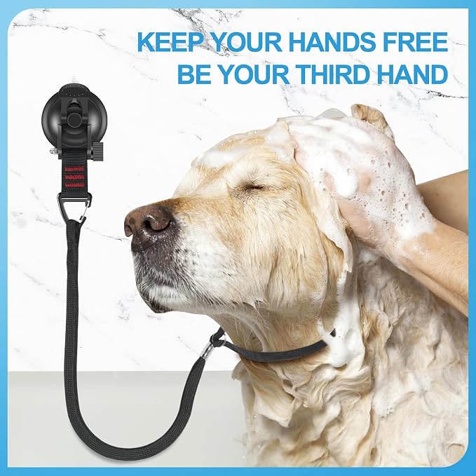 Dog Bathing Tether with Heavy Suction Cup, Dog Grooming Tub Restraint Soft Nylon Leash with Adjustable Collar for Pet Dog Cat Shower and Grooming Red