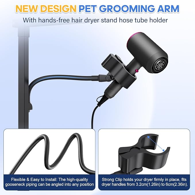 Dog Grooming Arm with Hair Dryer Stand, Adjustable 37'' Dog Grooming Table Arm with Clamp & Dogs Restraints for Grooming Small Medium Dogs Cats, Foldable Pet Grooming Stand at Home