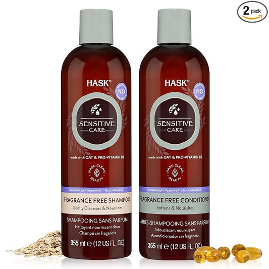 HASK Sensitive Care Shampoo + Conditioner Set | Fragrance-Free, Paraben-Free, Sulfate-Free, Gluten-Free, Vegan, Cruelty-Free, Color Safe | 12oz each