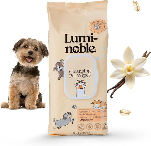 LUMI-NOBLE. Pet Wipes for Dogs & Cats - 100 Ct Hypoallergenic Grooming Wipe, Oatmeal & Vanilla Scent, Dog Wipes Cleaning deodorizing for Paws, Ears, Butt & Body, Vegan, Sensitive Skin Safe