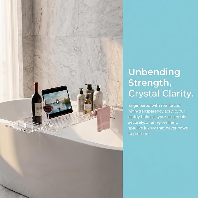 Expandable Clear Acrylic Bathtub Tray Caddy, Foldable Non-Slip Bath Table Tray with Drain Slots, Acrylic Tub Organizer, for Weddings, Anniversaries, Bridal Showers, and New Homes