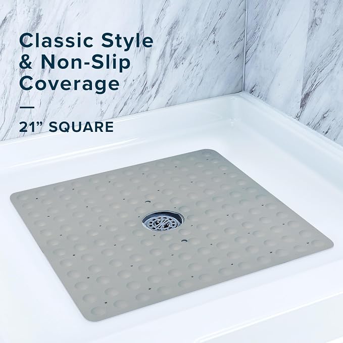 SlipX Solutions Square Natural Rubber Shower Stall Mat, 21” x 21”, Mildew Resistant, Non Slip Safety, Antimicrobial Product Protection, 140 Power Grip Suction Cups, Center Drain Hole, Tan