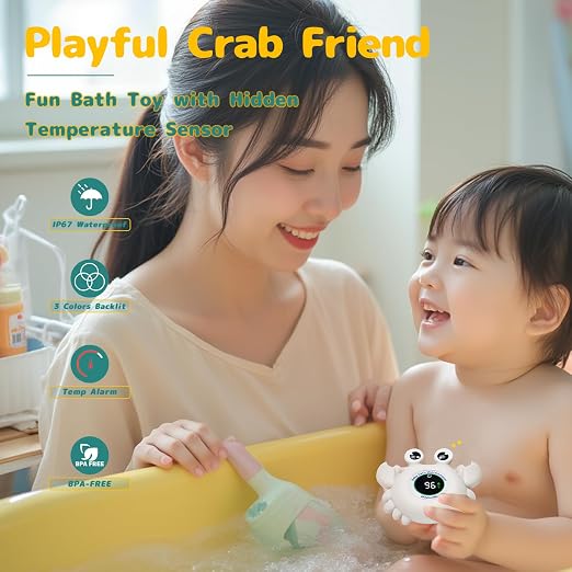 Baby Bathtub Thermometer with LED Display Screen+Grey Crab toy-2-in-1 | Color Coded Alarm (Cold/Comfortable/hot) Bath Temperature Monitor, Adorable Floating Toys for Infants, Essential for Babies
