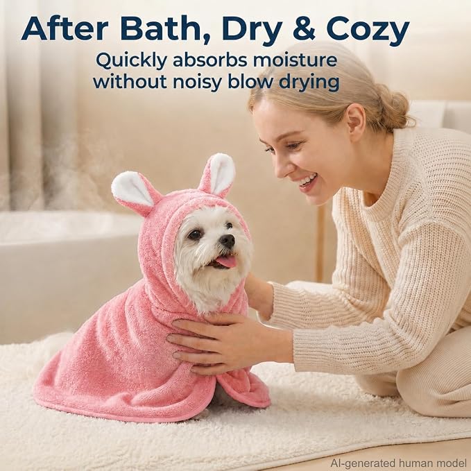 Dog Bathrobe Super Absorbent Towel for Small Dogs Cats Fast Drying Dog Robe Coat with Hood Puppy Cat Bath Towel Wrap Pet Grooming Supplies After Shower (Deep Pink,S)