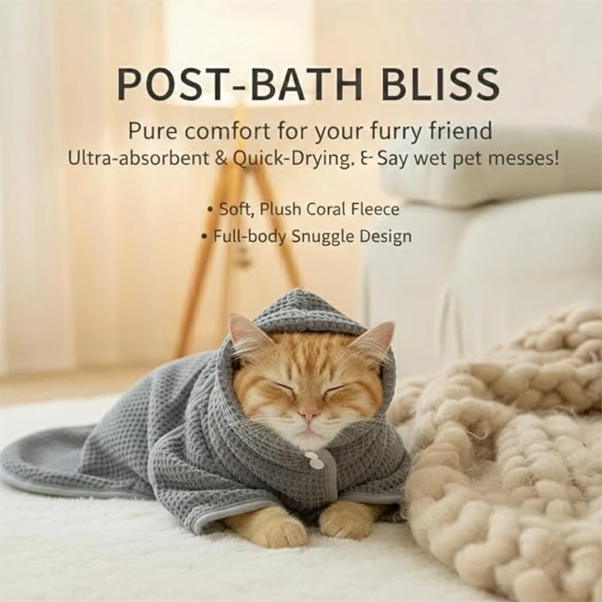 Cat Bathrobe Super Absorbent Drying Towel Full Wrap Quick Dry Pet Robe for Large Medium Small Dogs Adjustable Grooming Coat for After Bathing Swimming & Rainy Day (Gray,Small)