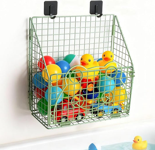 Greentainer Bath Toy Storage Organizer, Large Foldable Bathtub Toy Holder with Drainage, No Drill Adhesive Wall Mounted Rustproof Metal Wire Basket for Bathroom Tub & Shower Toys