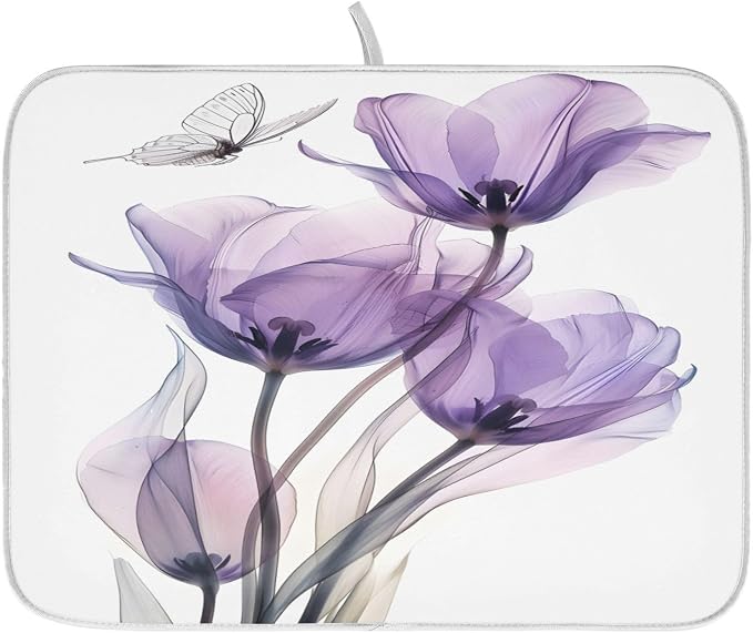 Purple Tulips Flower Dish Drying Mats for Kitchen Counter Small Drying Mat for Dishes Microfiber Dish Rack Mat Drainer Pad Washable Foldable Ultra Absorbent Dry Mat 18"x16"