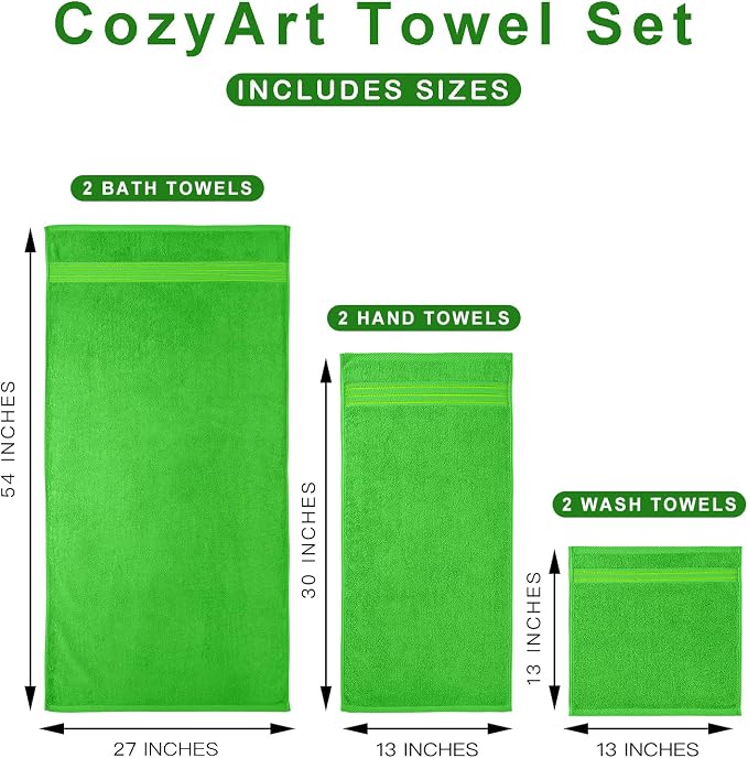 COZYART Kelly Green Bath Towels for Bathroom 6 Pcs, Turkish Cotton Bath Towel Set Super Soft Highly Absorbent Durable 650 GSM Shower Towels for Daily Use