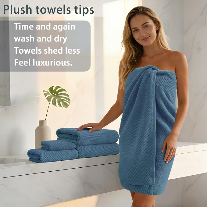 VOOVA & MOVAS Bath Towels Set of 4, Large 30" x 56" - 100% Cotton | Thick | Lightweight | Soft | Absorbent, Quick Dry Towels for Bathroom, Luxury Bathroom Essentials, Denim Blue