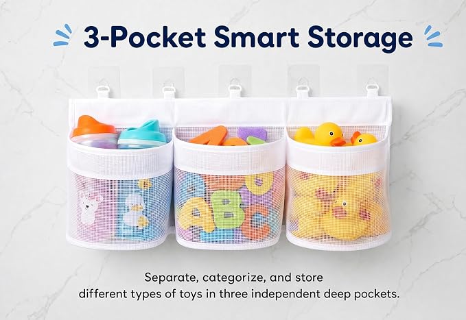 Bath Toy Storage Holder for Toddler Bathtub,3-Section Mesh, 5 Adhesive Hooks, Quick-Dry Shower Organizer for Toddler Bath Toys Ages 2-8, Kids Bathroom Toy Basket Storage Net