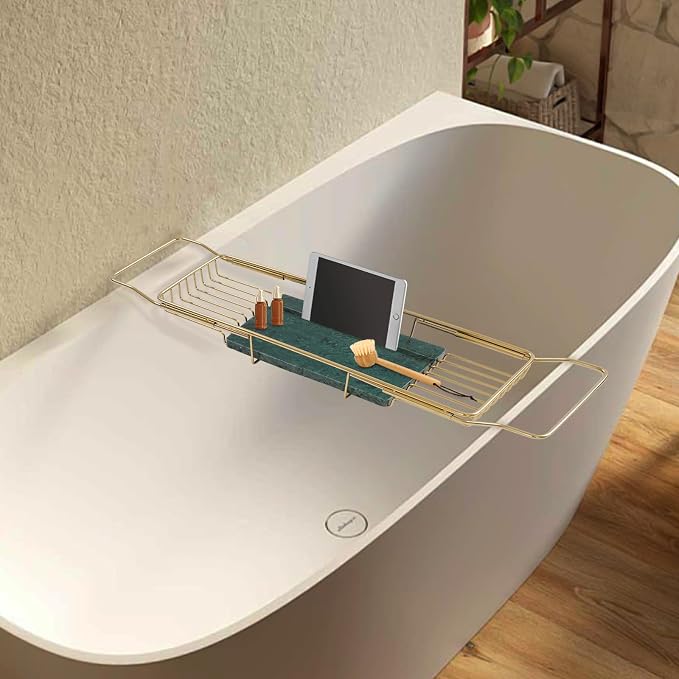 Expandable Bathtub Tray – 26.77" to 35.43" Adjustable Bathtub Caddy | with Natural Marble Board, Raised Guardrails, Tablet/Phone Stand – Home Spa Accessory for Bath, Holds 44 lbs (Gold + Green)