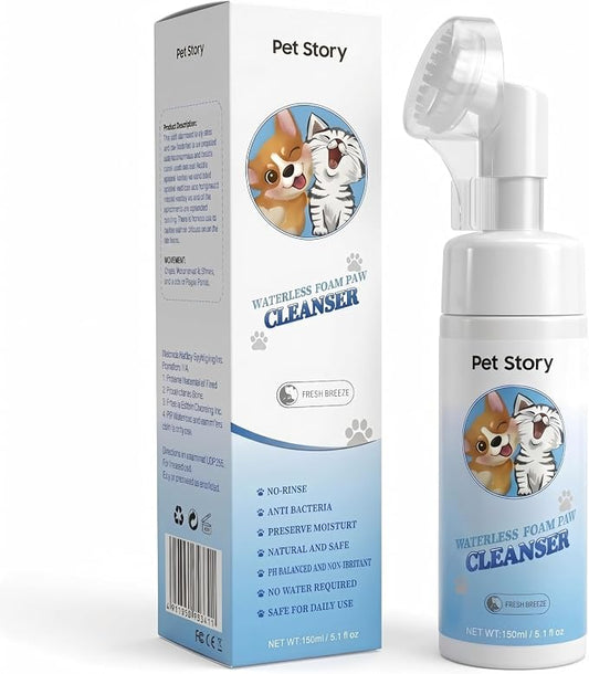 Waterless Dog Paw Cleaner & Cat Paw Wash - 5.1 fl oz (150ml) No-Rinse Pet Paw Cleaning Foam with Silicone Bristles Brush - Removes Mud, Dirt & Odor - Gentle Formula for All Dogs & Cats