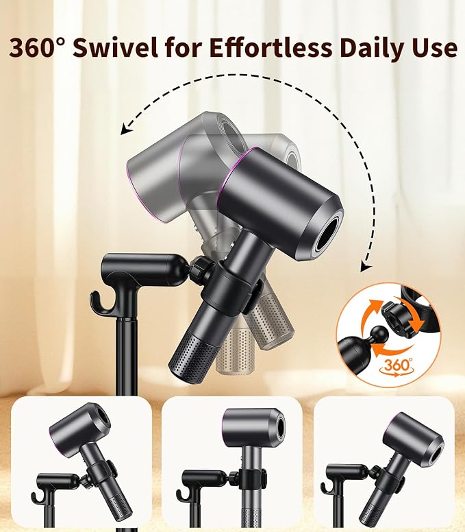 Hair Dryer Stand Hands Free, 360° Rotation Black | Anti-Slip Stable Base, Aluminum Alloy, Adjustable Height 17-51 Inch, For Families & Pet Grooming & Salon