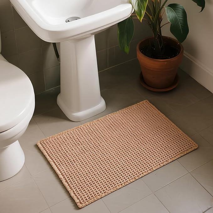 Triohero Waffle Bath Mat, Boho Bathroom Rugs Non Slip Washable, Ultra Soft Super Absorbent Quick Dry Farmhouse Bathroom Decor, 24" x 48", Light Peachy