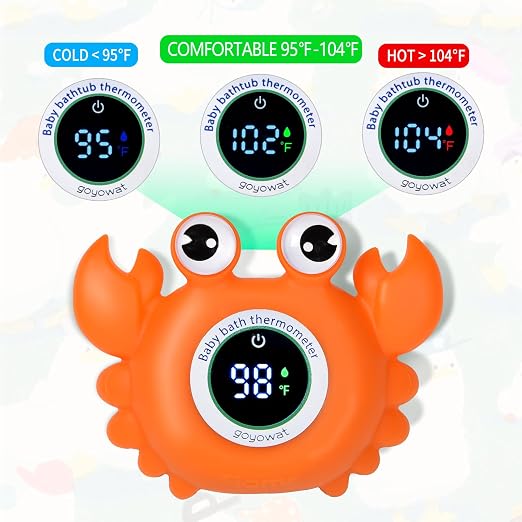 Baby Bathtub Thermometer with LED Display Screen+Orange Crab toy-2-in-1 | Color Coded Alarm (Cold/Comfortable/hot) Bath Temperature Monitor, Adorable Floating Toys for Infants, Essential for Babies