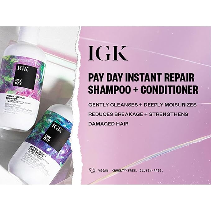 IGK PAY DAY Instant Repair Shampoo & Conditioner Set | Repairs Damage + Boosts Strength | Vegan + Cruelty-Free | 8 oz (Pack of 2)