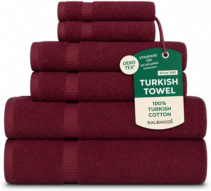 SALBAKOS 100% Turkish Cotton 6-Piece Towel Set | Premium Quality Hotel & Spa Collection | Ultra Soft, Super Absorbent 2 Washcloth, 2 Hand, 2 Bath Towels Sets | Made in Turkey (Wine, 6 Piece Towel Set)
