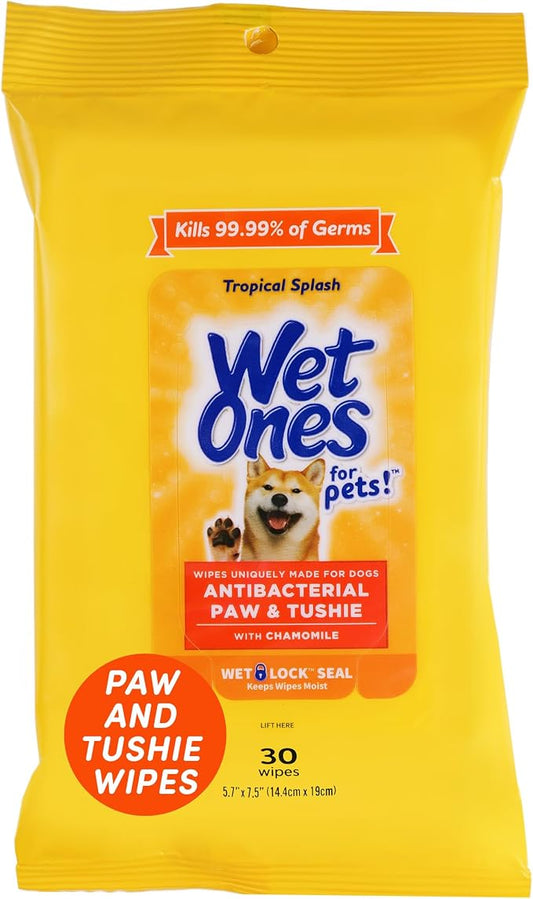Wet Ones for Pets Paw and Tushie Dog Wipes with Chamomile, Tropical Splash Scent - Cleansing Grooming Wipes for Dog Paws and Butt Between Baths, Wet Lock Seal, 30 Count