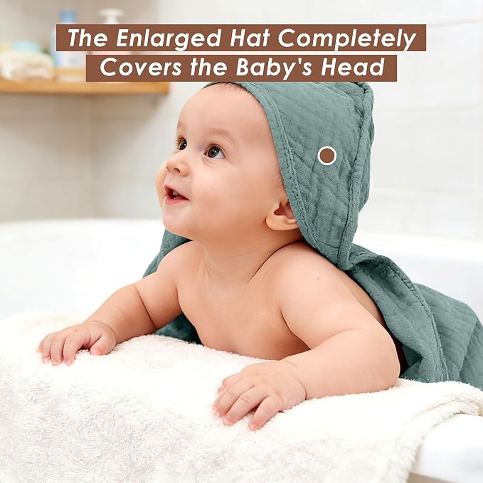 Ease Cubs 3-Pack Muslin Hooded Baby Towels, 100% Cotton, Ultra-Soft & Absorbent Baby Bath Towels with Hood for Babies, Infant, Toddler and Newbron (Emerald Series,32" x 32")
