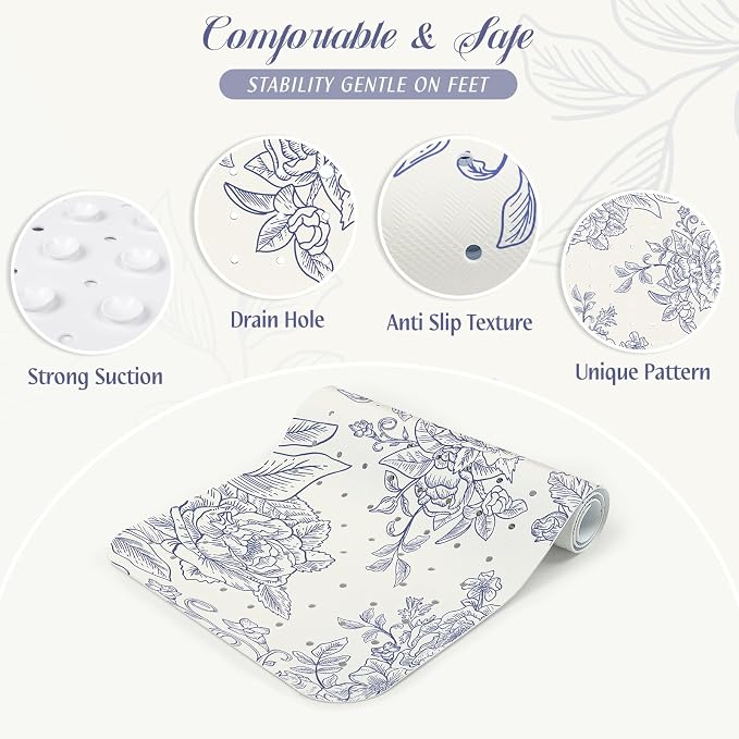 SHUCHING Vintage Blue Bath Mat for Tub Non Slip-40 X 16Inch, Flower and Bird Bathtub Mat Anti Slip for Women, Long Shower Mat for Bathroom Mold Free, Machine Washable