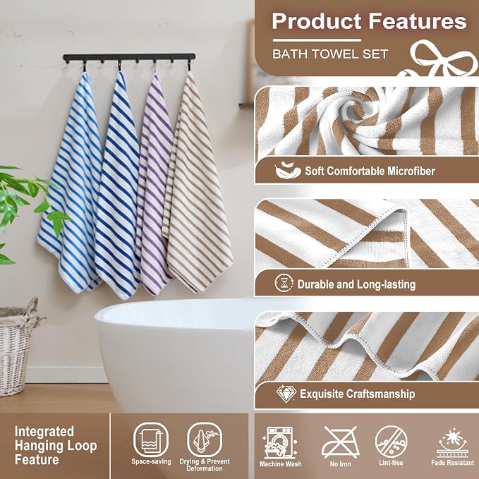 JML Beach Towels Set of 2, 30" x 60", Large Microfiber Bath Towel Cabana Stripe, Quick Drying Absorbent for Sauna, Shower, Gym, Summer Party, Sport, Swimming, Pool, Yoga, Camping, Coffee