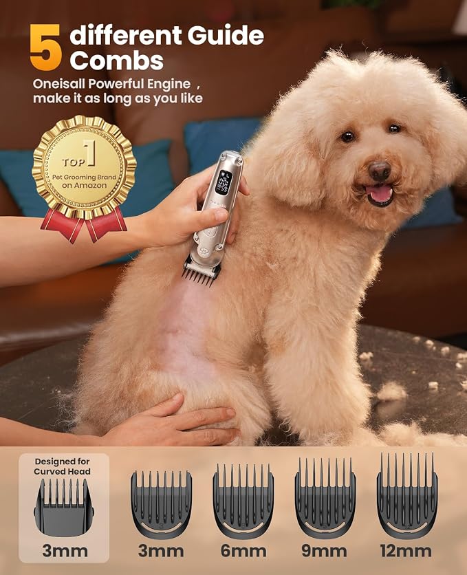 oneisall Small Dog Clippers and Paw Trimmer with Low Noise, 4 - in - 1 Cordless Dog Grooming Kit with 3 - Level Speed Clippers (7000 RPM) for Grooming Thick Hair, Waterproof Shaver for Dogs and Cats | 6000/6500/7000RPM, 3-Speed, 49dB, LED Display, IPX7...