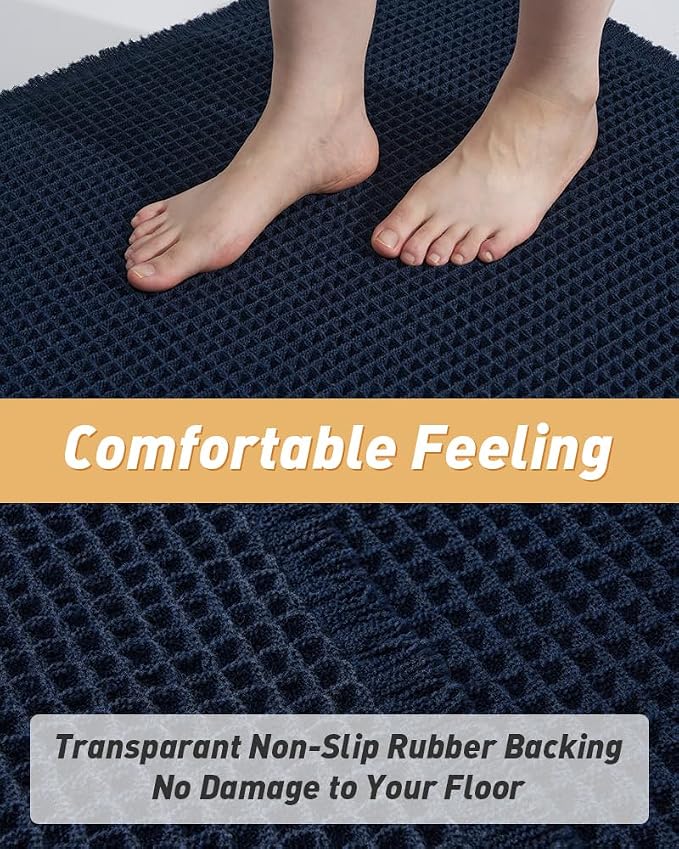 Upgraded Waffle Runner Rug Super Absorbent Non Slip Bath Mats for Bathroom, Washable Bathroom Runner Rug with Tassels, Ideal for Hallway Bedroom Laundry Room, Brown, 2'x 6'(24" x 72"), Navy Blue