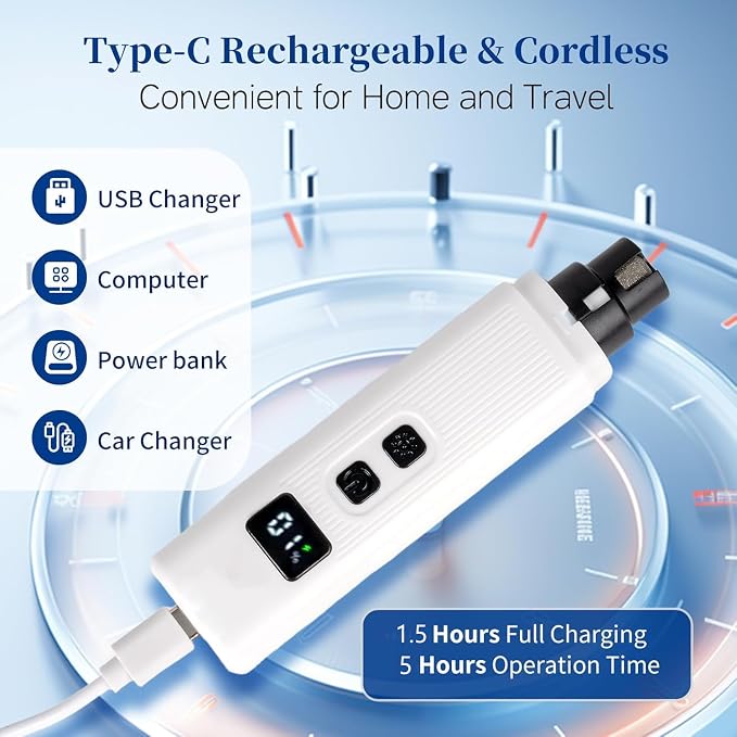 Electric Dog Nail Grinder with 2 Level LED Lights, 2 Speed 30dB Super Quiet and Low Vibration Turbo Charge Pet Nail Grinder for Small Dogs and Cats - White