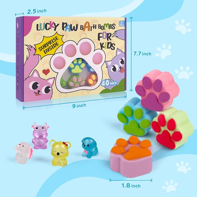 Bath Bombs for Kids with Surprise Inside, 40 Large Number Pack Paw Shape Bath Bombs Gift Set, Natural Organic Kids Bubble Bath Fizzy for Girls Boys with Bath Toys Inside