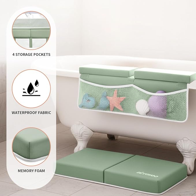 UBRAVOO Baby Bath Kneeler with Elbow Rest Pad, Non-Slip Foam Mat, Quick-Drying Cushion, Foldable Bathtub Support with Toy Storage Pockets for Parents (Green)