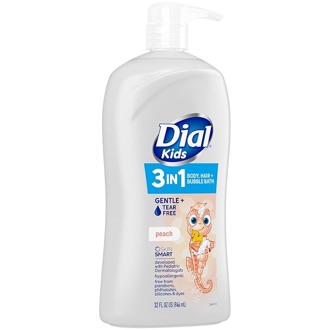 Dial Kids All-in-1 Body + Hair + Bubble Bath, Peach Scent, 32 Fl Oz, Hypoallergenic Body Wash & Shampoo, No Tears Formula for Kids 2+ Years, No Parabens & Silicones (Pack of 2)