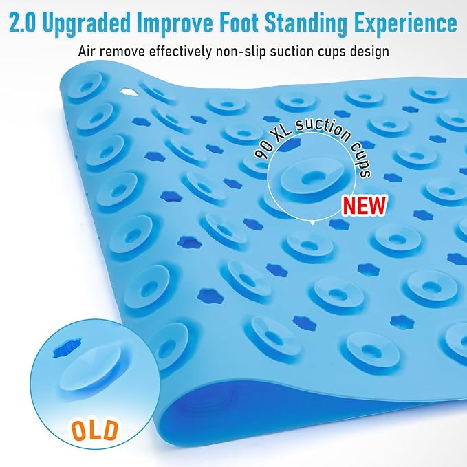 Silicone Anti Slip Bathtub Mat Bath Shower Non-Slip 35x16 for Standard Tub Kids for Elderly Safety Large Thick with Sensory Acupressure Textured Strong Suction Cups & Drain Holes Easy Clean & Dry